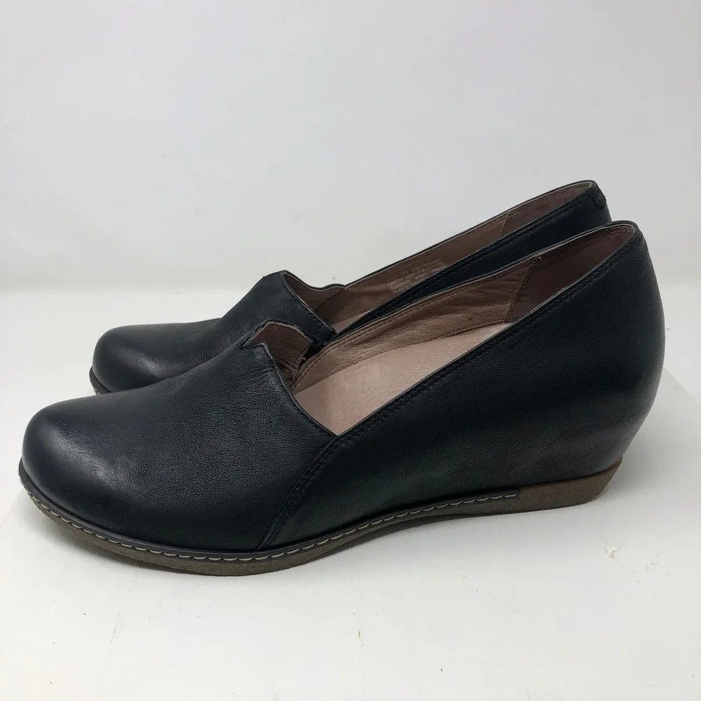 Dansko Loralie Wedge Loafers Womens 39 US 8.5 Black Leather Slip On Career